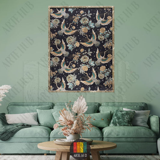 A luxurious framed canvas wall art featuring elegant Japanese flying cranes and floral patterns on a dark navy background in a modern green living room.