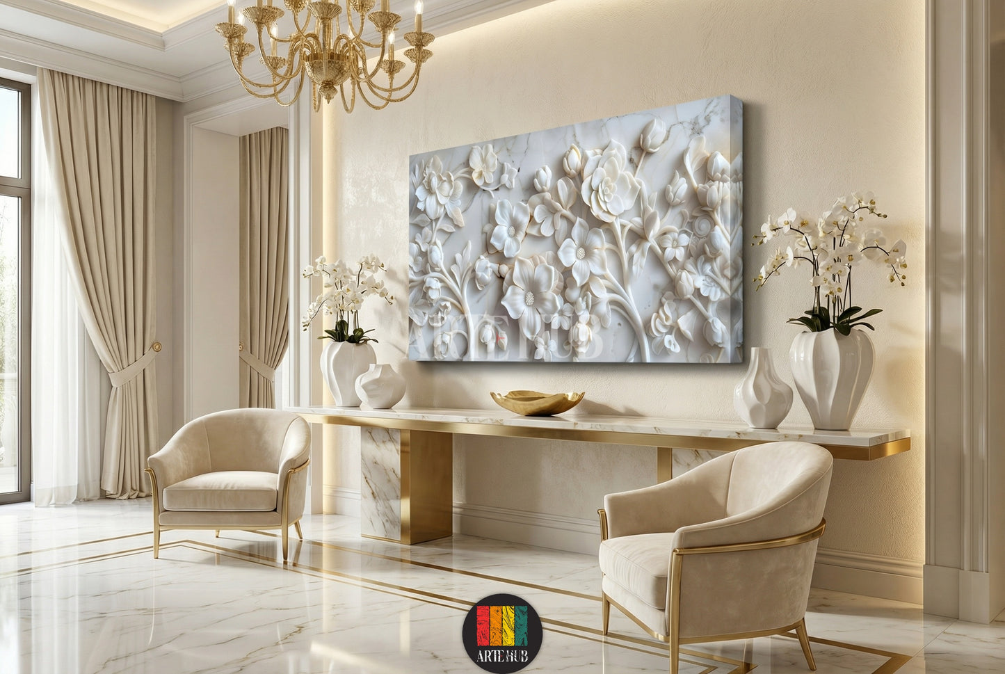 Luxury 3D-effect white marble floral relief canvas wall art styled in a premium living room with gold accents in Egypt.