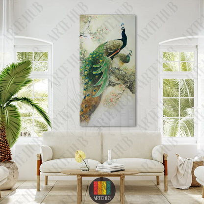 Elegant vertical canvas wall art featuring two peacocks on flowering branches, perfect for luxury home decor in Egypt.