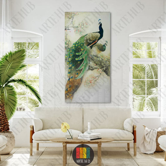 Elegant vertical canvas wall art featuring two peacocks on flowering branches, perfect for luxury home decor in Egypt.
