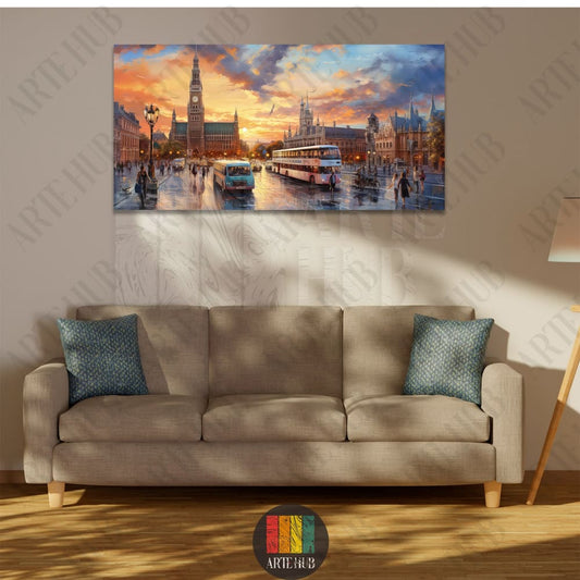 A premium horizontal canvas wall art featuring a vibrant European city street at sunset with a historic clock tower and reflections on wet pavement.