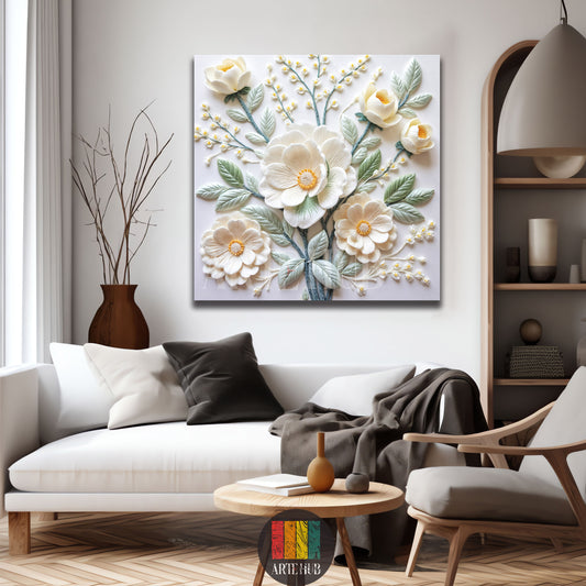 Elegant ivory white 3D floral relief canvas wall art with sage leaves in a modern minimalist Egyptian interior.