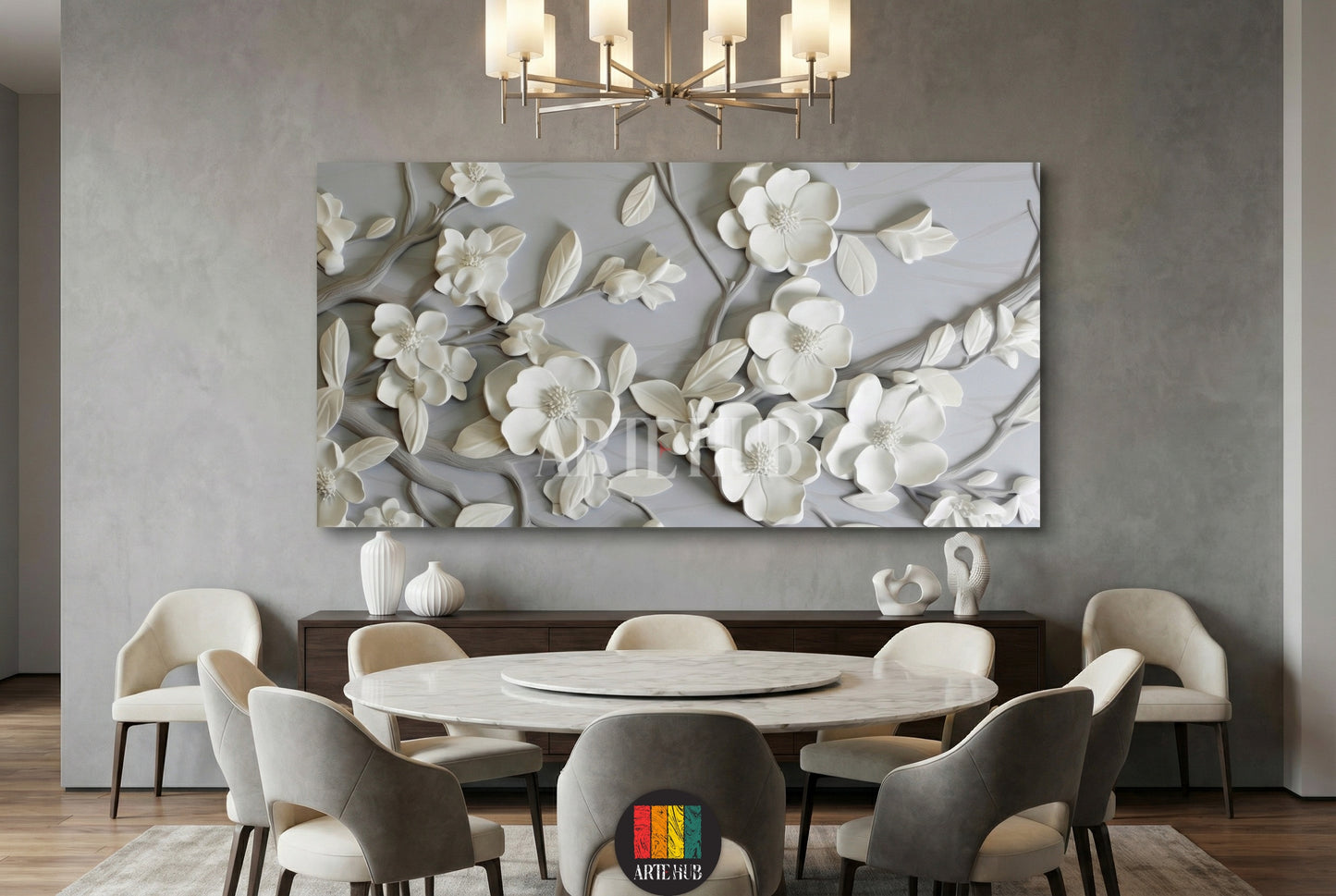 Sophisticated 3D-effect white magnolia canvas wall art on a textured grey background, displayed in a luxury modern dining room setting in Egypt.