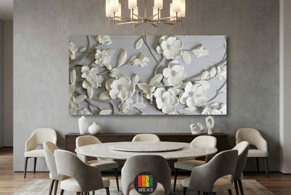 Sophisticated 3D-effect white magnolia canvas wall art on a textured grey background, displayed in a luxury modern dining room setting in Egypt.