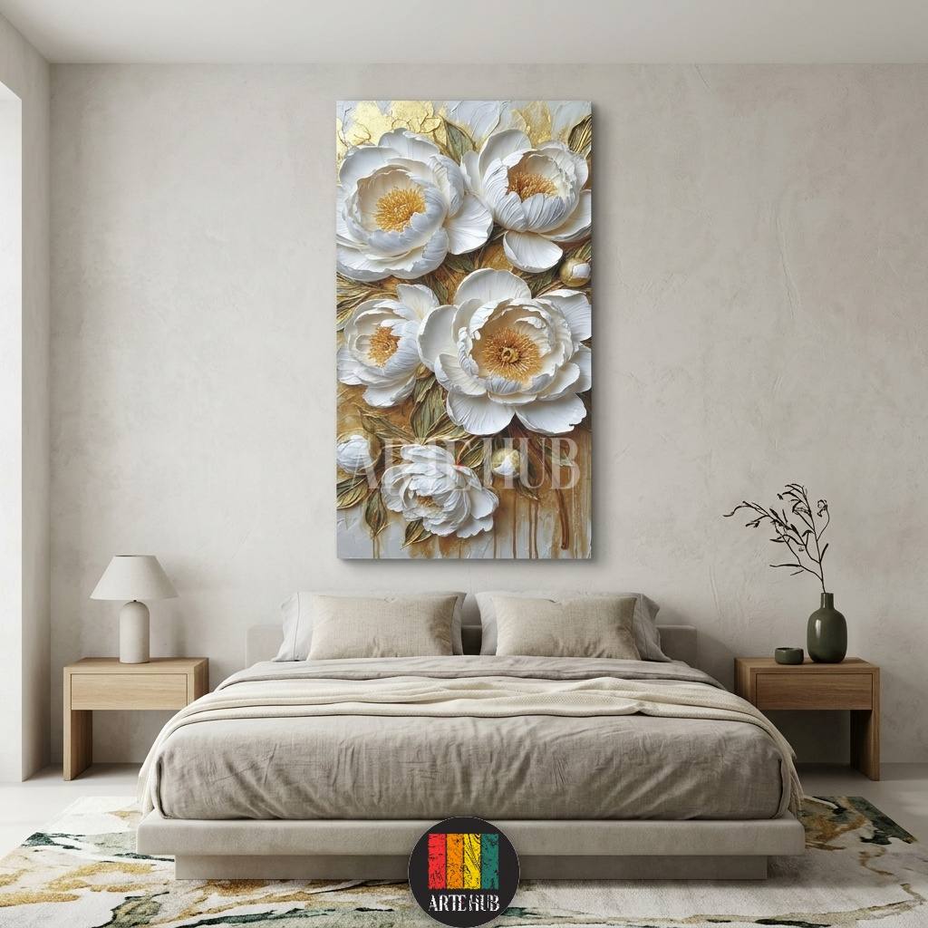 Textured 3D white peony flowers with gold details on a premium canvas wall art piece displayed in a modern bedroom.