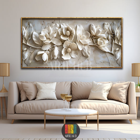 Large 3D-style floral canvas wall art featuring elegant ivory magnolias in a gold frame above a modern cream sofa in a luxury living room.