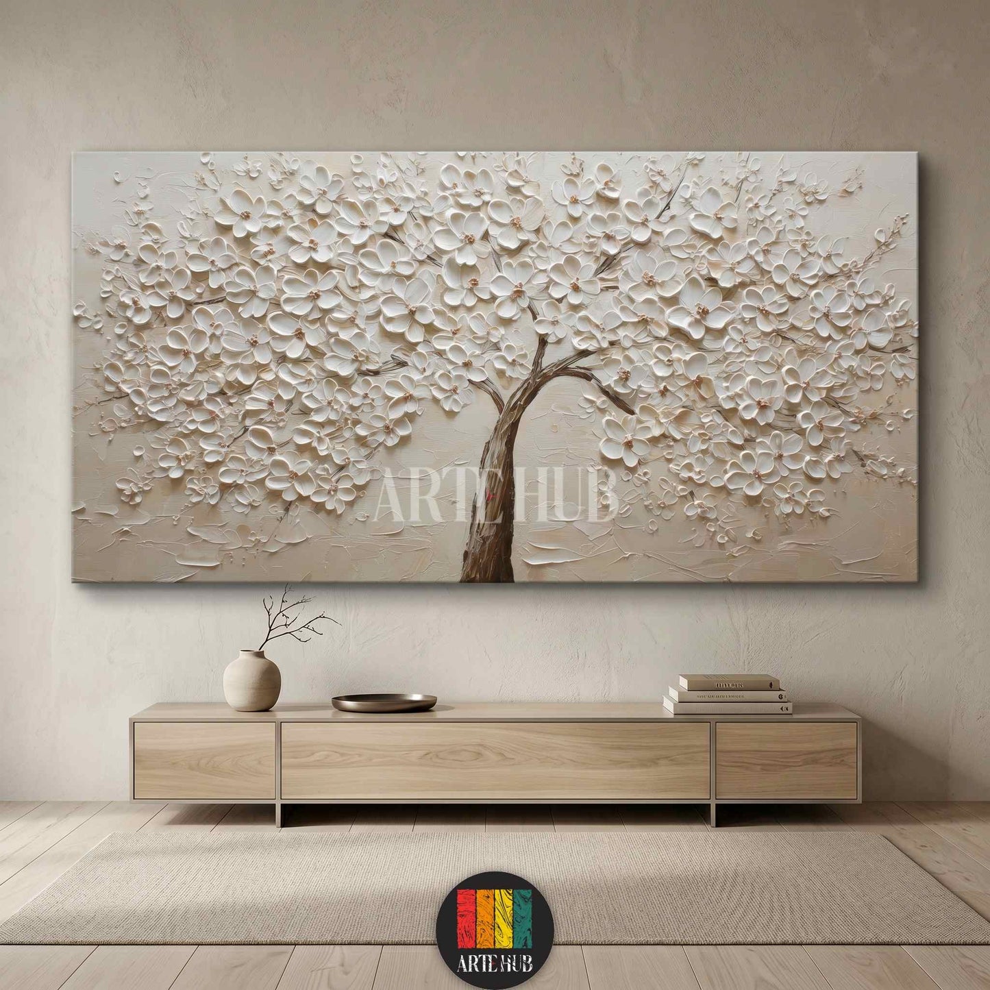 Elegant 3D textured white flower tree canvas wall art above a wooden console in a modern Egyptian home interior.