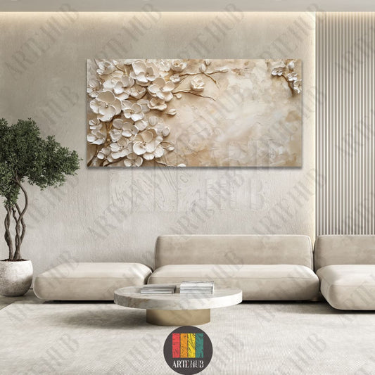 Textured 3D white floral canvas wall art featuring elegant blossoms on a neutral beige background for luxury modern living rooms in Egypt.