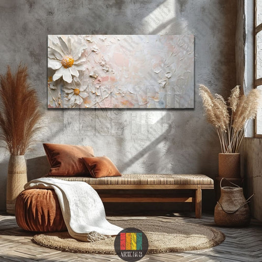 A luxury canvas wall art piece featuring white textured impasto daisies with golden centers on a neutral background, styled in a modern room.