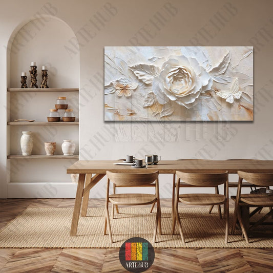 A premium 3D ivory rose canvas wall art with butterflies and textured petals hanging in a modern minimalist dining room in Egypt.