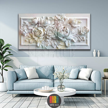 Luxury 3D-effect ivory white floral canvas wall art featuring sculpted roses, styled in a modern living room setting for high-end home decor in Egypt.