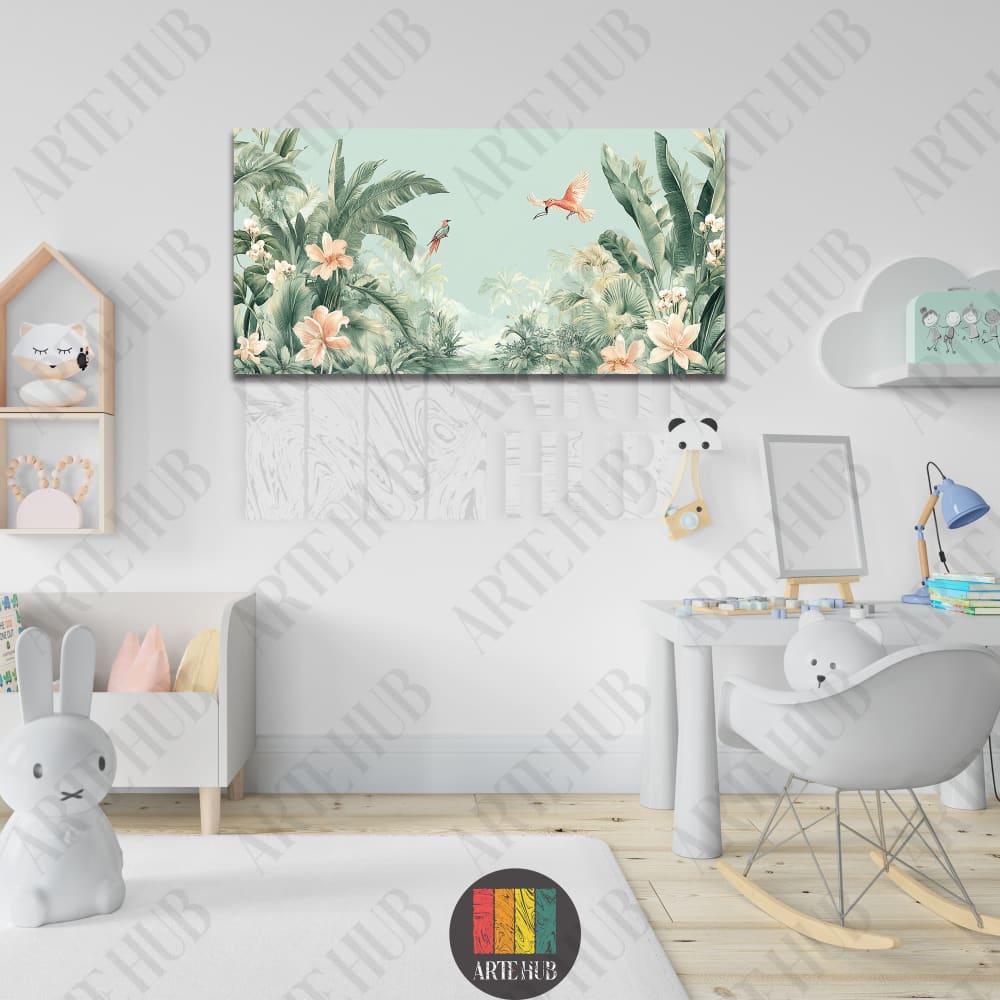 Modern nursery canvas wall art featuring a lush tropical jungle scene with palm trees, exotic flowers, and colorful birds in a soft pastel palette.