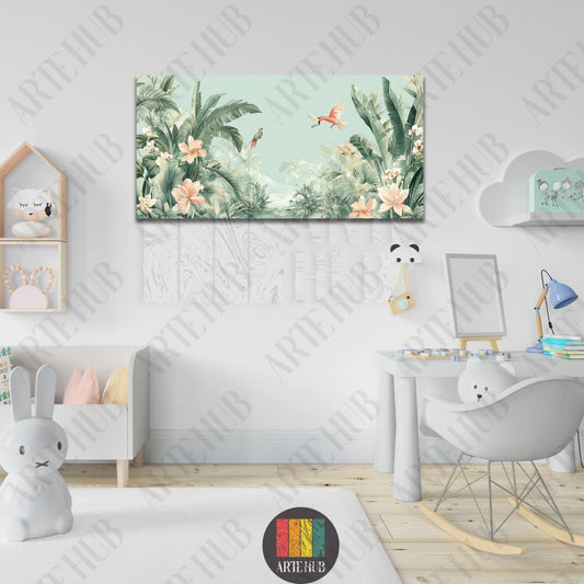 Modern nursery canvas wall art featuring a lush tropical jungle scene with palm trees, exotic flowers, and colorful birds in a soft pastel palette.