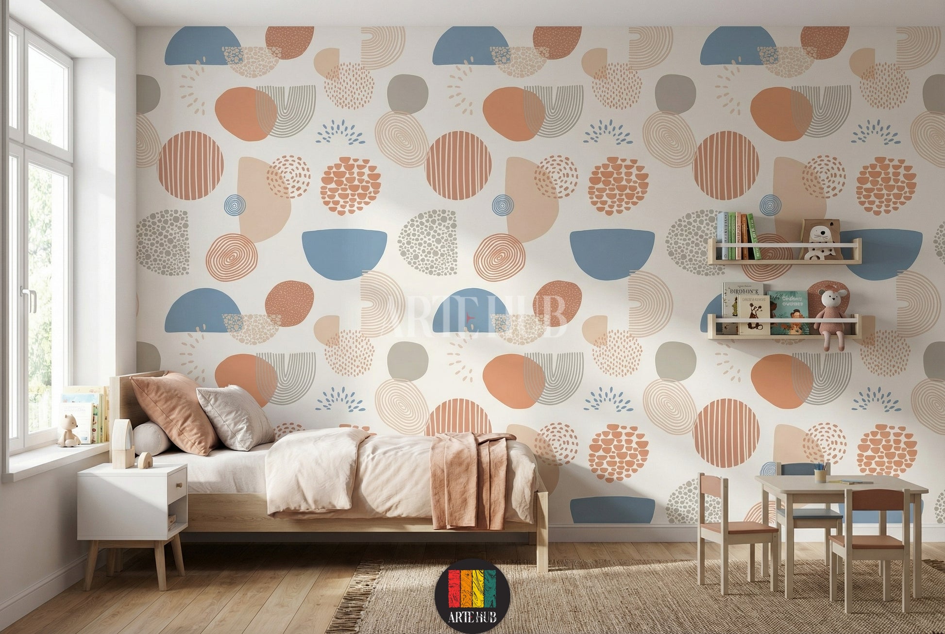 A modern bedroom featuring abstract geometric wallpaper in shades of orange, blue, beige, and grey. The wall art adds a contemporary touch to home decor in Egypt.
غرفة نوم عصرية تتميز بورق حائط بتصميمات هندسية مجردة بألوان برتقالي، أزرق، بيج، ورمادي. هذا الديكور الجداري يضيف لمسة عصرية للمنزل في مصر.
room: kids room