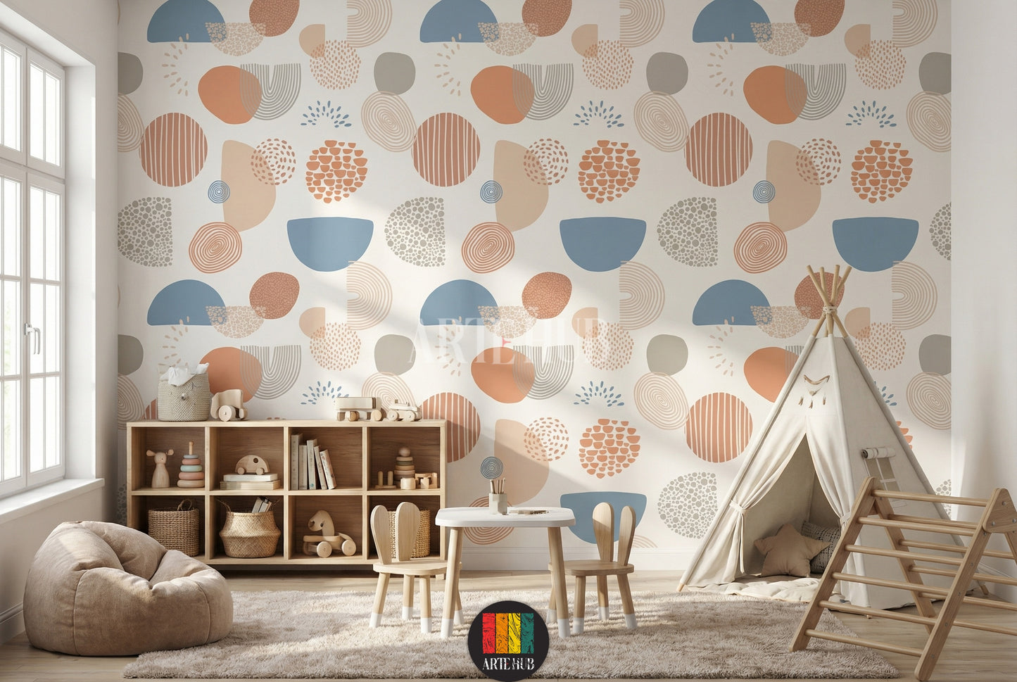 A modern bedroom featuring abstract geometric wallpaper in shades of orange, blue, beige, and grey. The wall art adds a contemporary touch to home decor in Egypt.
غرفة نوم عصرية تتميز بورق حائط بتصميمات هندسية مجردة بألوان برتقالي، أزرق، بيج، ورمادي. هذا الديكور الجداري يضيف لمسة عصرية للمنزل في مصر.
room: kids room