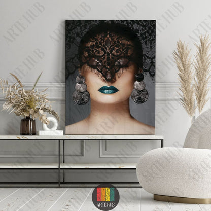 A high-fashion canvas wall art piece depicting a woman with an intricate black lace veil, teal lipstick, and large silver textured earrings.