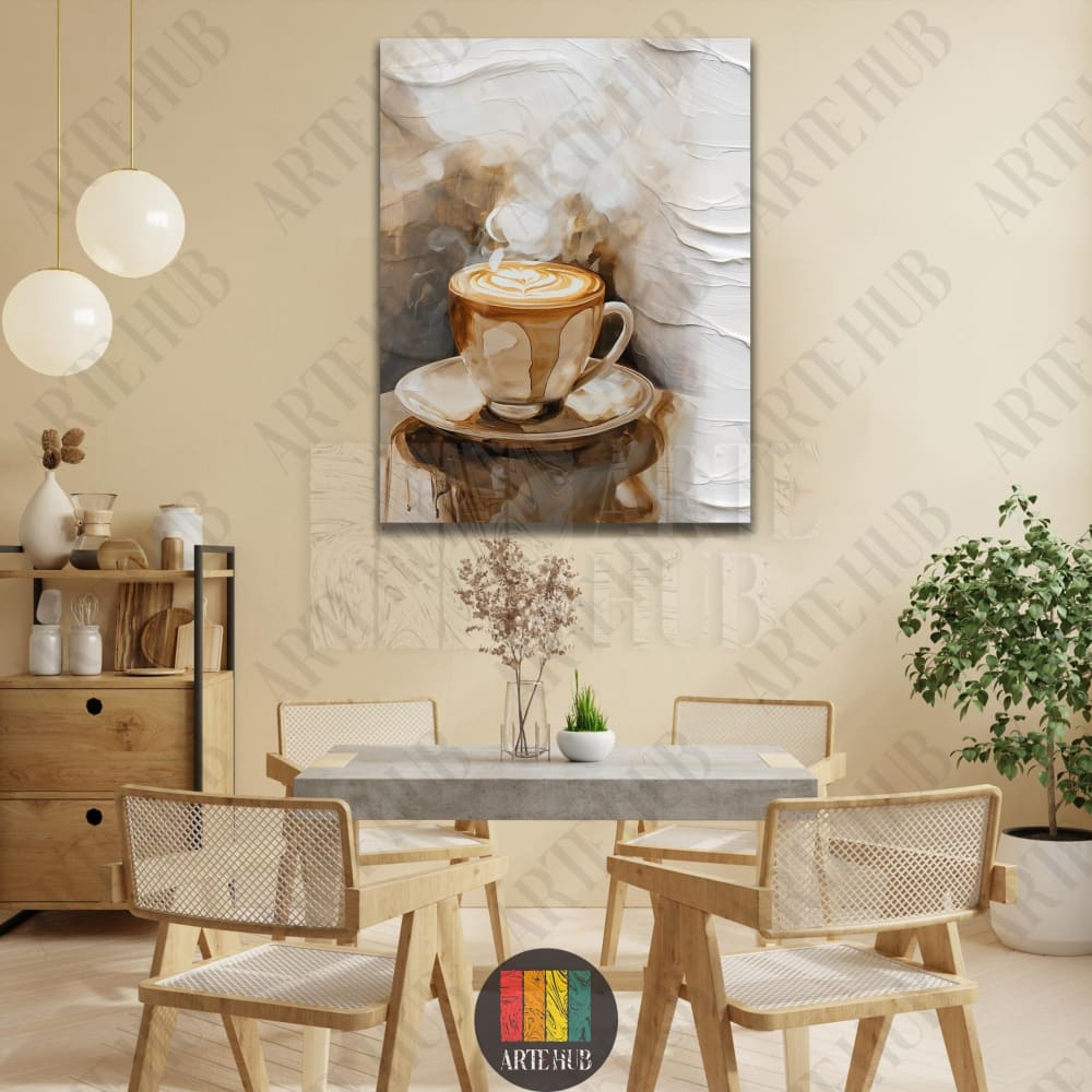 A textured impasto-style canvas wall art depicting a creamy cup of cappuccino with latte art, set against a modern dining room backdrop.