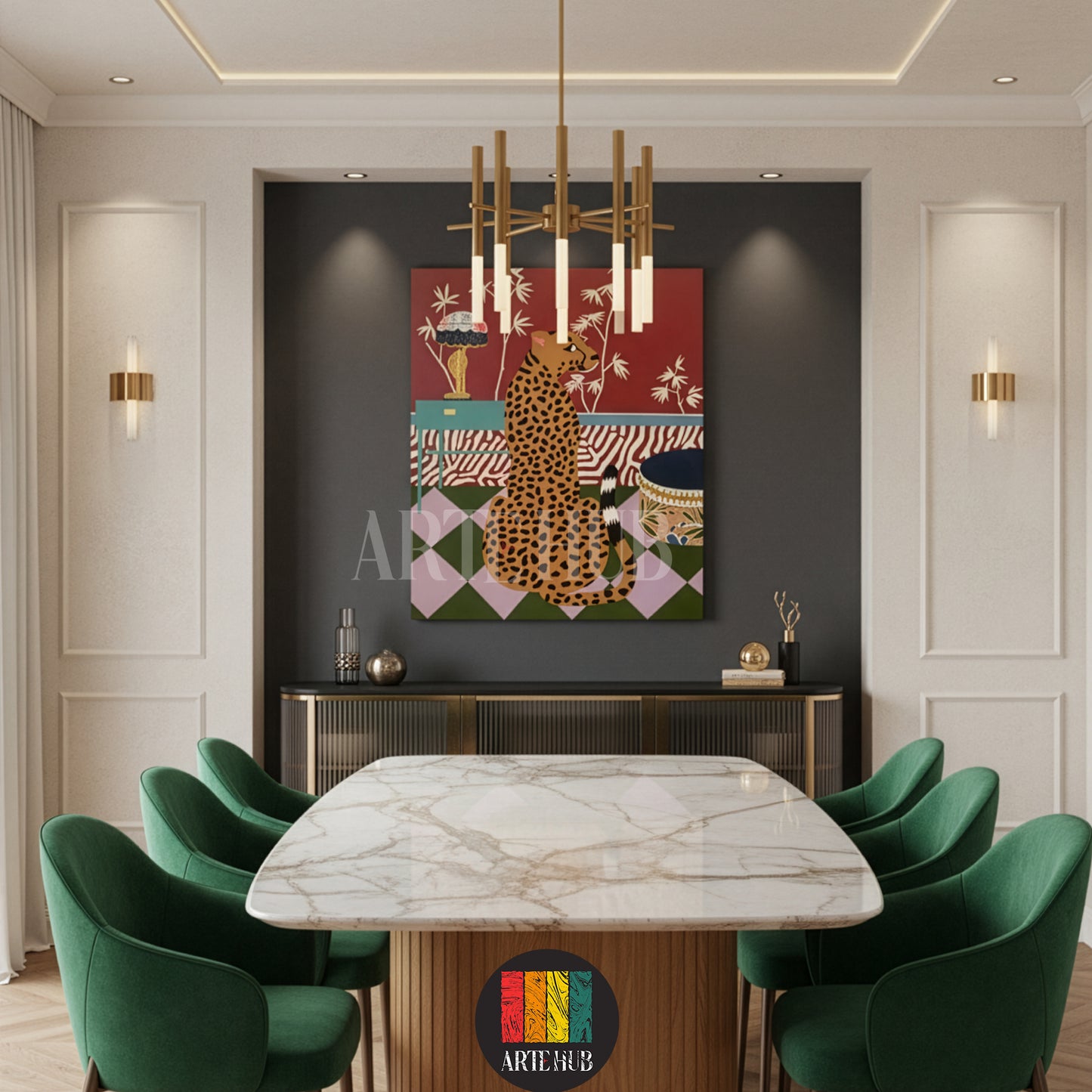 A maximalist leopard canvas wall art piece displayed in a luxury dining room with emerald green chairs and a marble table for modern home decor in Egypt.