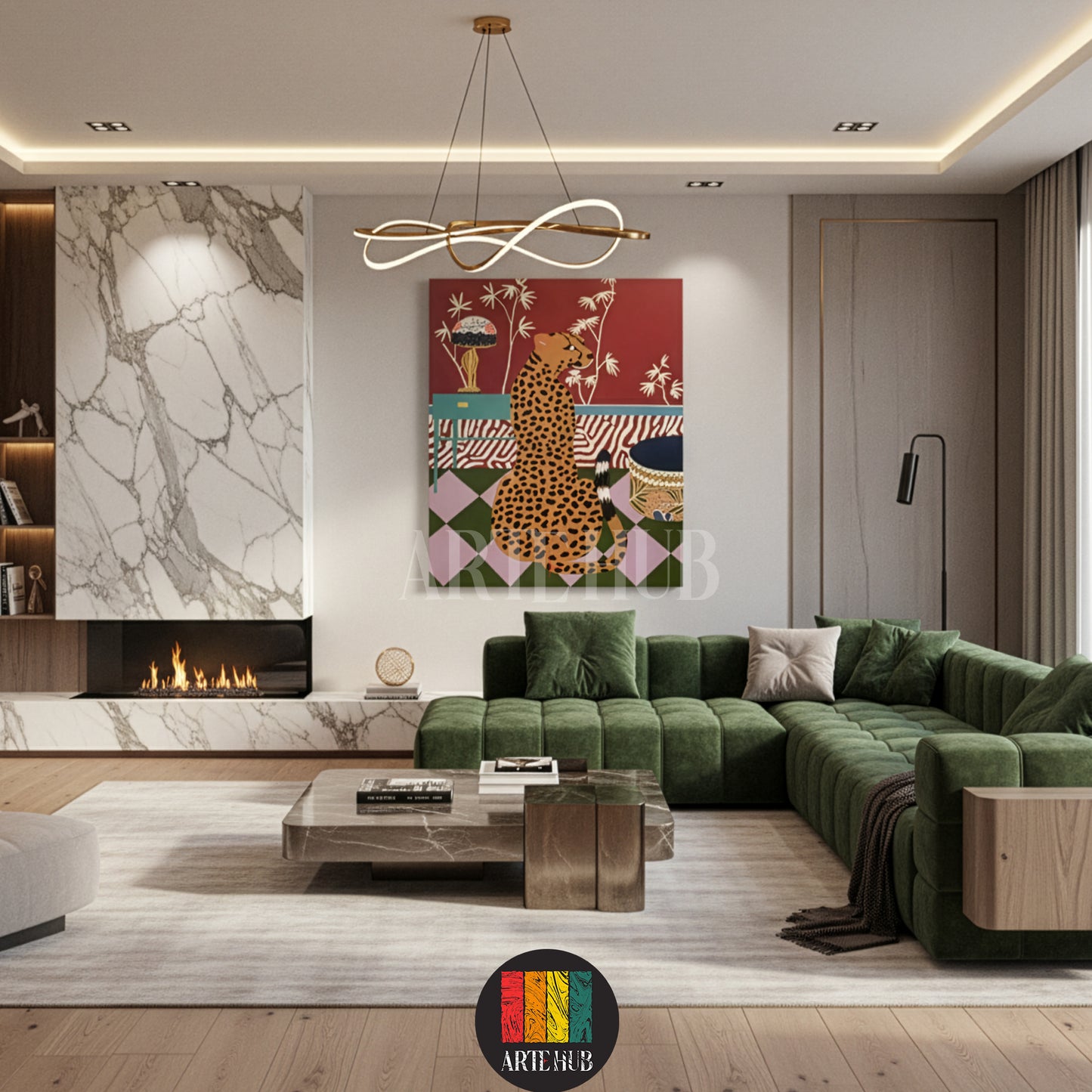 مودرن تابلوه نمر للديكور فى غرفة المعيشة مع كنبة خضراء – لوحات كانفس من Artehub مصر