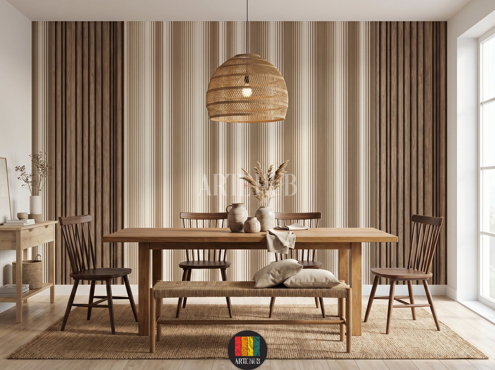 A dining room featuring modern vertical striped wallpaper in brown and beige earth tones, ideal for luxury home decor in Egypt.
room: dining room