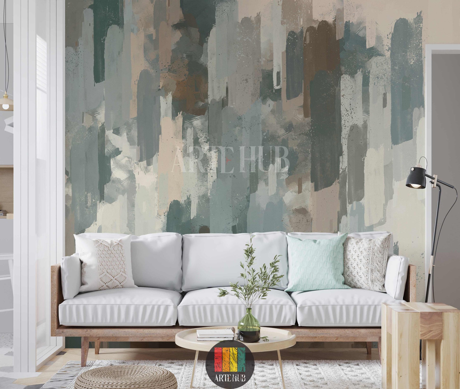Full view of a modern bedroom with an abstract brushstroke wallpaper in muted green, blue, brown, and beige tones, creating a stylish focal point for homes in Egypt.
صورة كاملة لغرفة نوم مودرن مع ورق حائط بتصميم فرشاة تجريدي بألوان هادئة من الأخضر والأزرق والبني والبيج، لمسة عصرية لديكورات المنازل في مصر.
room: living room