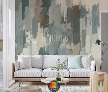Full view of a modern bedroom with an abstract brushstroke wallpaper in muted green, blue, brown, and beige tones, creating a stylish focal point for homes in Egypt.
صورة كاملة لغرفة نوم مودرن مع ورق حائط بتصميم فرشاة تجريدي بألوان هادئة من الأخضر والأزرق والبني والبيج، لمسة عصرية لديكورات المنازل في مصر.
room: living room