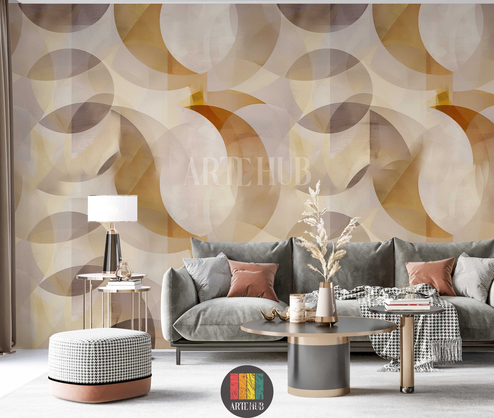 A contemporary dining room featuring a stunning geometric circles wallpaper in shades of beige, gold, and grey. The modern decor includes a wooden dining table, light grey chairs, and a chandelier, ideal for stylish homes in Egypt.
غرفة طعام عصرية تظهر ورق حائط بتصميم دوائر هندسية بألوان البيج والذهبي والرمادي. الديكور يضم طاولة طعام خشبية، كراسي رمادية فاتحة، وثريا أنيقة، مثالي للمنازل الأنيقة في مصر.
room: living room