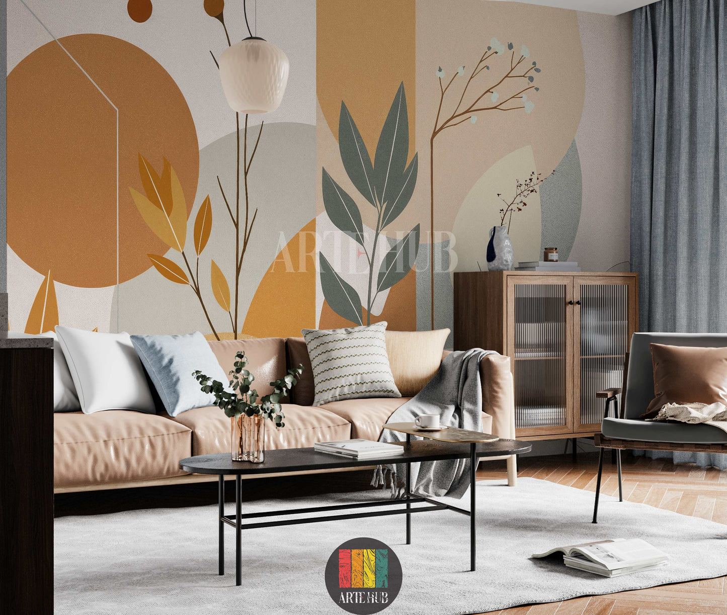 A modern bedroom featuring a serene abstract botanical wallpaper with earthy tones like terracotta, beige, and sage green, depicting large leaves and circular shapes. This elegant wall decor is perfect for contemporary Egyptian homes, adding a calm and sophisticated touch.
غرفة نوم عصرية تتميز بورق حائط نباتي مجرد وهادئ بألوان ترابية مثل الطوبي والبيج والأخضر الزيتي، يصور أوراق شجر كبيرة وأشكال دائرية. هذا الديكور الجداري الأنيق مثالي للمنازل المصرية الحديثة، ويضيف لمسة من الهدوء والرقي.
room: living room