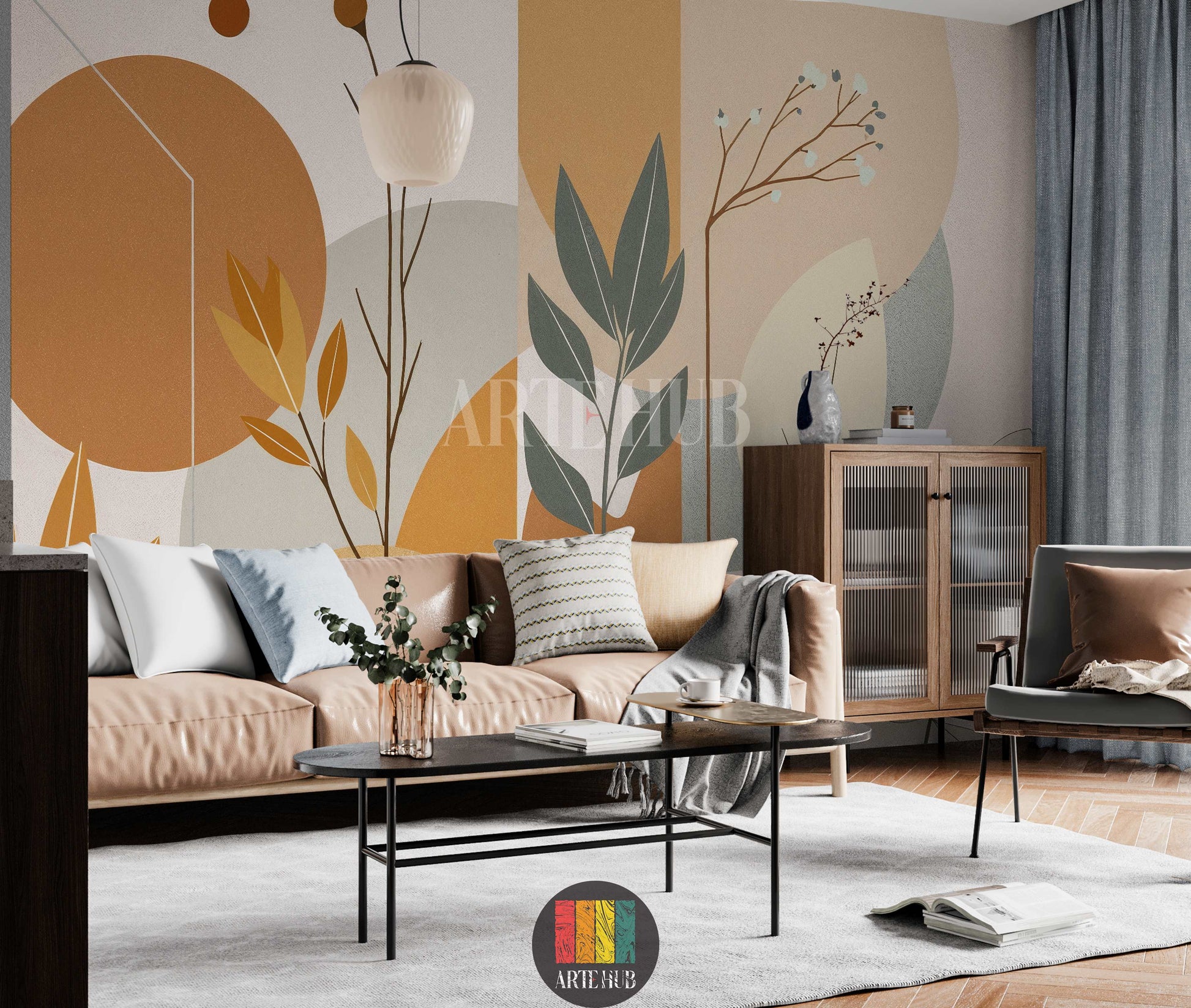 A modern bedroom featuring a serene abstract botanical wallpaper with earthy tones like terracotta, beige, and sage green, depicting large leaves and circular shapes. This elegant wall decor is perfect for contemporary Egyptian homes, adding a calm and sophisticated touch.
غرفة نوم عصرية تتميز بورق حائط نباتي مجرد وهادئ بألوان ترابية مثل الطوبي والبيج والأخضر الزيتي، يصور أوراق شجر كبيرة وأشكال دائرية. هذا الديكور الجداري الأنيق مثالي للمنازل المصرية الحديثة، ويضيف لمسة من الهدوء والرقي.
room: living room