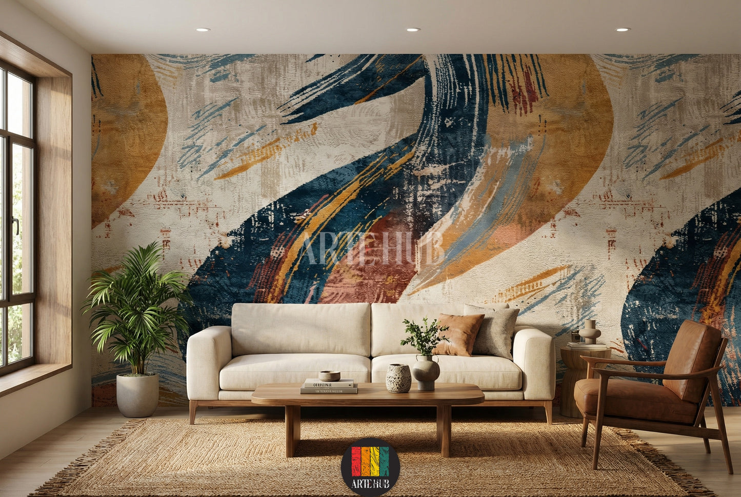 A modern dining room featuring a striking abstract wallpaper with bold blue, yellow, and beige brushstrokes. The room includes a wooden dining table, beige upholstered chairs, and a contemporary chandelier, enhancing stylish home decor in Egypt.
غرفة طعام عصرية مع ورق حائط تجريدي مميز بضربات فرشاة جريئة باللون الأزرق والأصفر والبيج. تشمل الغرفة طاولة طعام خشبية وكراسي منجدة بيج وثريا حديثة، مما يعزز الديكور المنزلي الأنيق في مصر.
room: living room