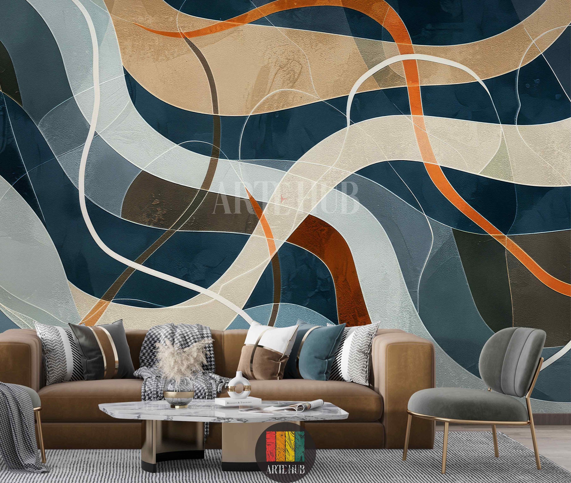 A modern bedroom featuring a large abstract wallpaper with flowing, curved lines in shades of dark blue, beige, grey, brown, and orange. This contemporary wall art is ideal for stylish homes in Egypt.
غرفة نوم عصرية تحتوي على ورق حائط كبير بتصميم تجريدي يتميز بخطوط منحنية وأمواج بألوان الأزرق الداكن والبيج والرمادي والبني والبرتقالي. هذا الديكور الجداري العصري مثالي للمنازل الأنيقة في مصر.
room: living room