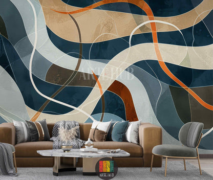 A modern bedroom featuring a large abstract wallpaper with flowing, curved lines in shades of dark blue, beige, grey, brown, and orange. This contemporary wall art is ideal for stylish homes in Egypt.
غرفة نوم عصرية تحتوي على ورق حائط كبير بتصميم تجريدي يتميز بخطوط منحنية وأمواج بألوان الأزرق الداكن والبيج والرمادي والبني والبرتقالي. هذا الديكور الجداري العصري مثالي للمنازل الأنيقة في مصر.
room: living room