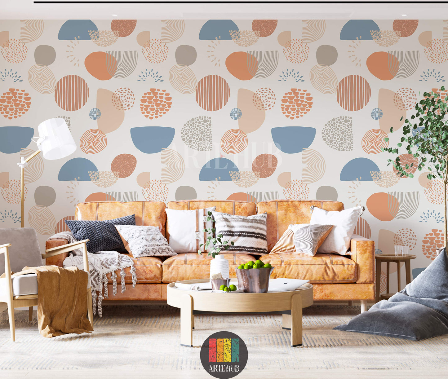 A modern bedroom featuring abstract geometric wallpaper in shades of orange, blue, beige, and grey. The wall art adds a contemporary touch to home decor in Egypt.
غرفة نوم عصرية تتميز بورق حائط بتصميمات هندسية مجردة بألوان برتقالي، أزرق، بيج، ورمادي. هذا الديكور الجداري يضيف لمسة عصرية للمنزل في مصر.
room: living room