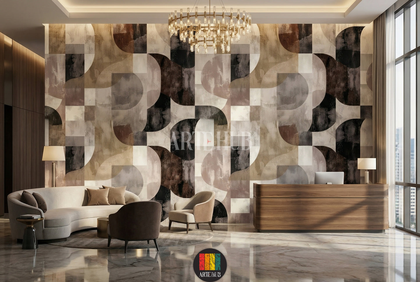 A living room featuring a modern geometric abstract wallpaper with interlocking arcs and squares in earthy tones of brown, beige, grey, and black, enhancing contemporary interior decor in Egypt. A white sofa, gold coffee table, and pampas grass complete the stylish setting.
غرفة معيشة حديثة تتميز بورق حائط بتصميم هندسي تجريدي بأقواس ومربعات متداخلة بألوان ترابية من البني والبيج والرمادي والأسود، مما يعزز الديكور الداخلي المعاصر في مصر. 
room: lobby