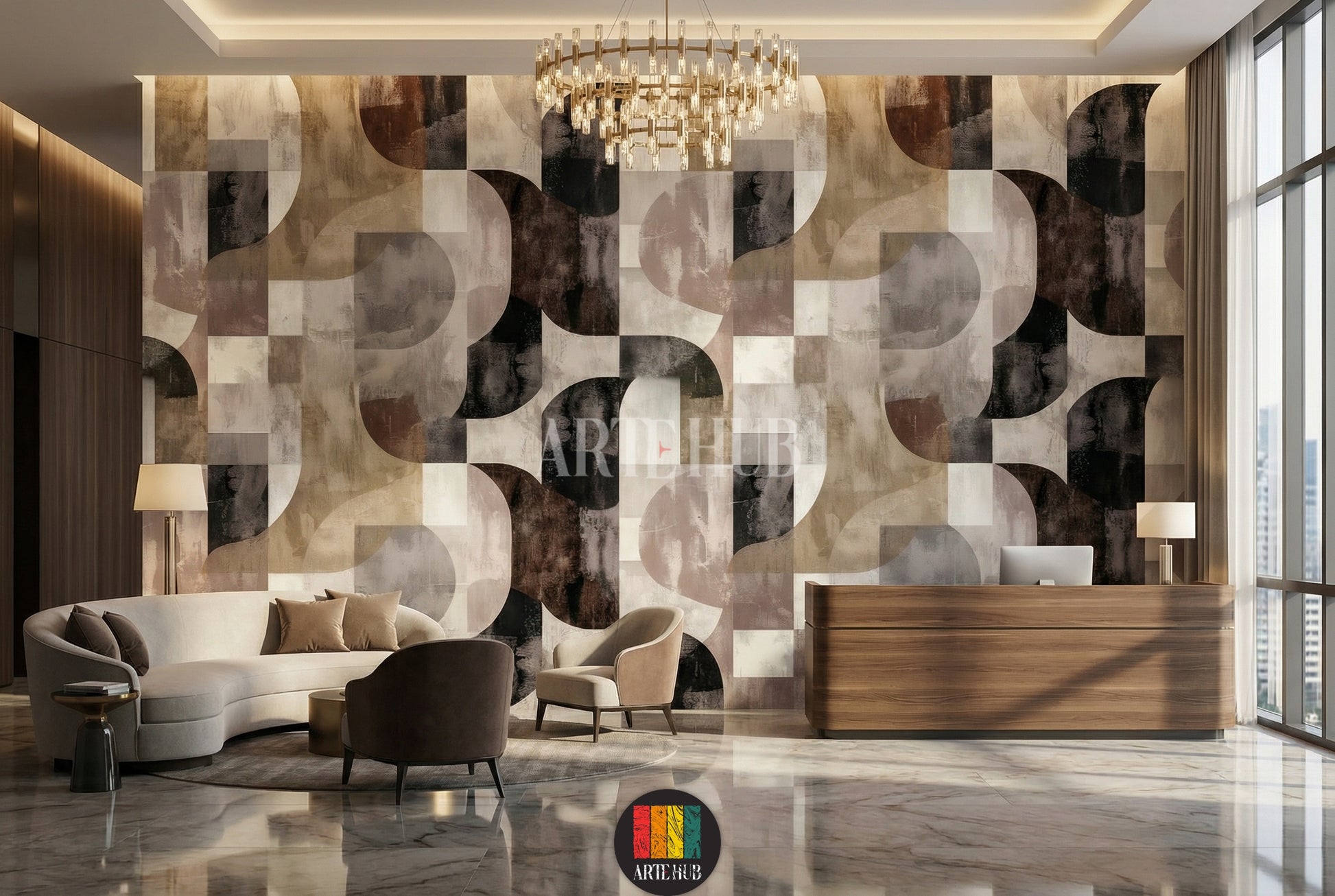 A living room featuring a modern geometric abstract wallpaper with interlocking arcs and squares in earthy tones of brown, beige, grey, and black, enhancing contemporary interior decor in Egypt. A white sofa, gold coffee table, and pampas grass complete the stylish setting.
غرفة معيشة حديثة تتميز بورق حائط بتصميم هندسي تجريدي بأقواس ومربعات متداخلة بألوان ترابية من البني والبيج والرمادي والأسود، مما يعزز الديكور الداخلي المعاصر في مصر. 
room: lobby