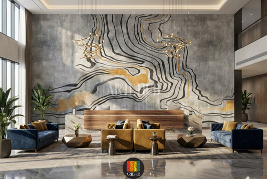 Modern bedroom featuring a large abstract wallpaper with flowing black and gold lines on a textured grey background. The wall art enhances the contemporary home decor in Egypt, creating a luxurious and serene atmosphere.
غرفة نوم عصرية مع ورق حائط كبير بتصميم مجرد بخطوط سوداء وذهبية متدفقة على خلفية رمادية. لوحات الحائط هذه تضيف لمسة فخمة لديكور المنزل في مصر.
room: lobby