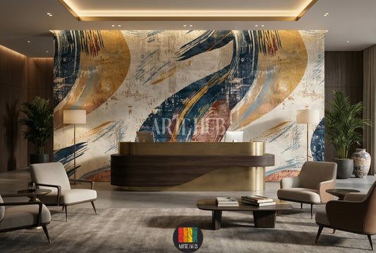 A modern dining room featuring a striking abstract wallpaper with bold blue, yellow, and beige brushstrokes. The room includes a wooden dining table, beige upholstered chairs, and a contemporary chandelier, enhancing stylish home decor in Egypt.
غرفة طعام عصرية مع ورق حائط تجريدي مميز بضربات فرشاة جريئة باللون الأزرق والأصفر والبيج. تشمل الغرفة طاولة طعام خشبية وكراسي منجدة بيج وثريا حديثة، مما يعزز الديكور المنزلي الأنيق في مصر.
room: lobby