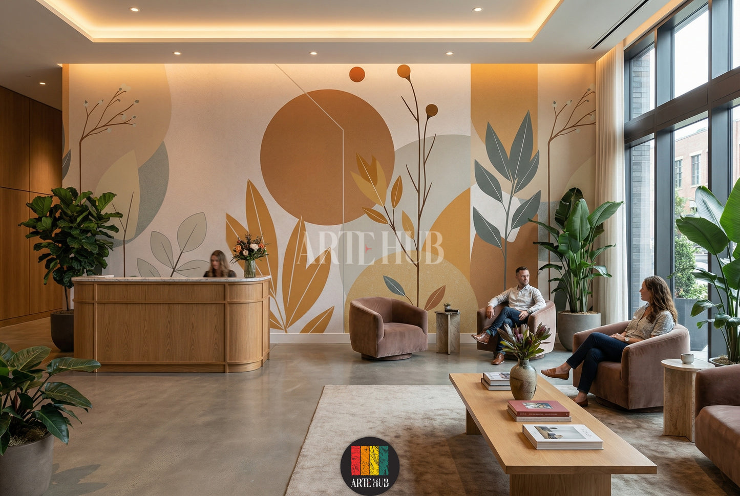 A modern bedroom featuring a serene abstract botanical wallpaper with earthy tones like terracotta, beige, and sage green, depicting large leaves and circular shapes. This elegant wall decor is perfect for contemporary Egyptian homes, adding a calm and sophisticated touch.
غرفة نوم عصرية تتميز بورق حائط نباتي مجرد وهادئ بألوان ترابية مثل الطوبي والبيج والأخضر الزيتي، يصور أوراق شجر كبيرة وأشكال دائرية. هذا الديكور الجداري الأنيق مثالي للمنازل المصرية الحديثة، ويضيف لمسة من الهدوء والرقي.
room: lobby