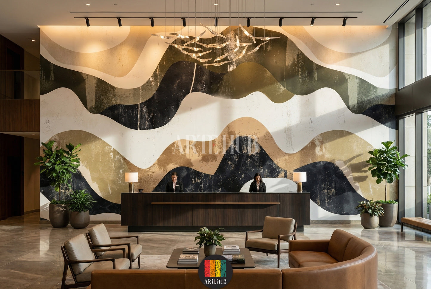 Full shot of a contemporary featuring a large statement wall covered in abstract wavy wallpaper. The design includes organic shapes in earthy tones of beige, cream, olive green, and deep blue-grey, creating a dynamic flow. A long wooden  table with modern chairs, a chandelier, and a wooden console table with decor are also visible. Ideal for modern Egyptian interior design.
صورة كاملة لغرفة طعام عصرية تعرض جدارًا مميزًا مغطى بورق حائط بتصميم أمواج تجريدية. 
room: lobby