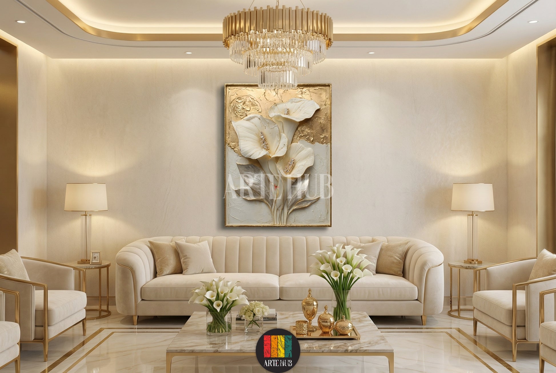 Luxury 3D-effect Calla Lily canvas wall art with gold leaf accents in a modern beige living room, premium home decor Egypt.