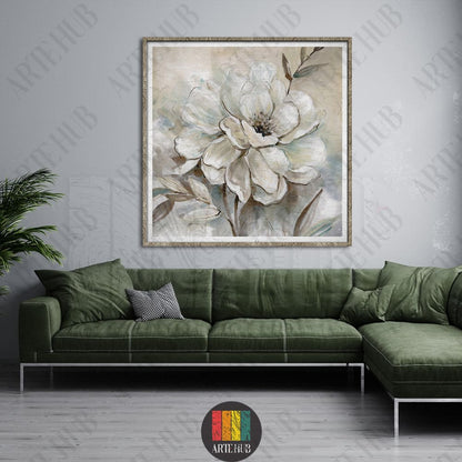 Sophisticated white floral abstract canvas wall art piece framed in a modern living room setting in Egypt.