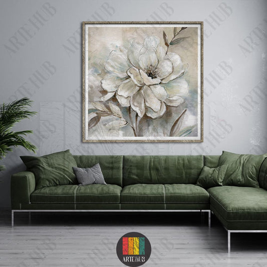 Sophisticated white floral abstract canvas wall art piece framed in a modern living room setting in Egypt.