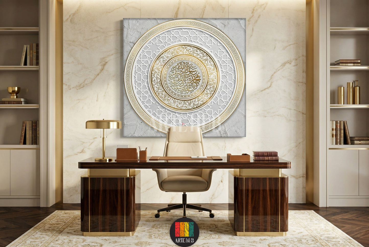 A premium square canvas wall art featuring a circular golden Arabic calligraphy design with intricate Islamic geometric patterns, displayed in a luxury marble office.