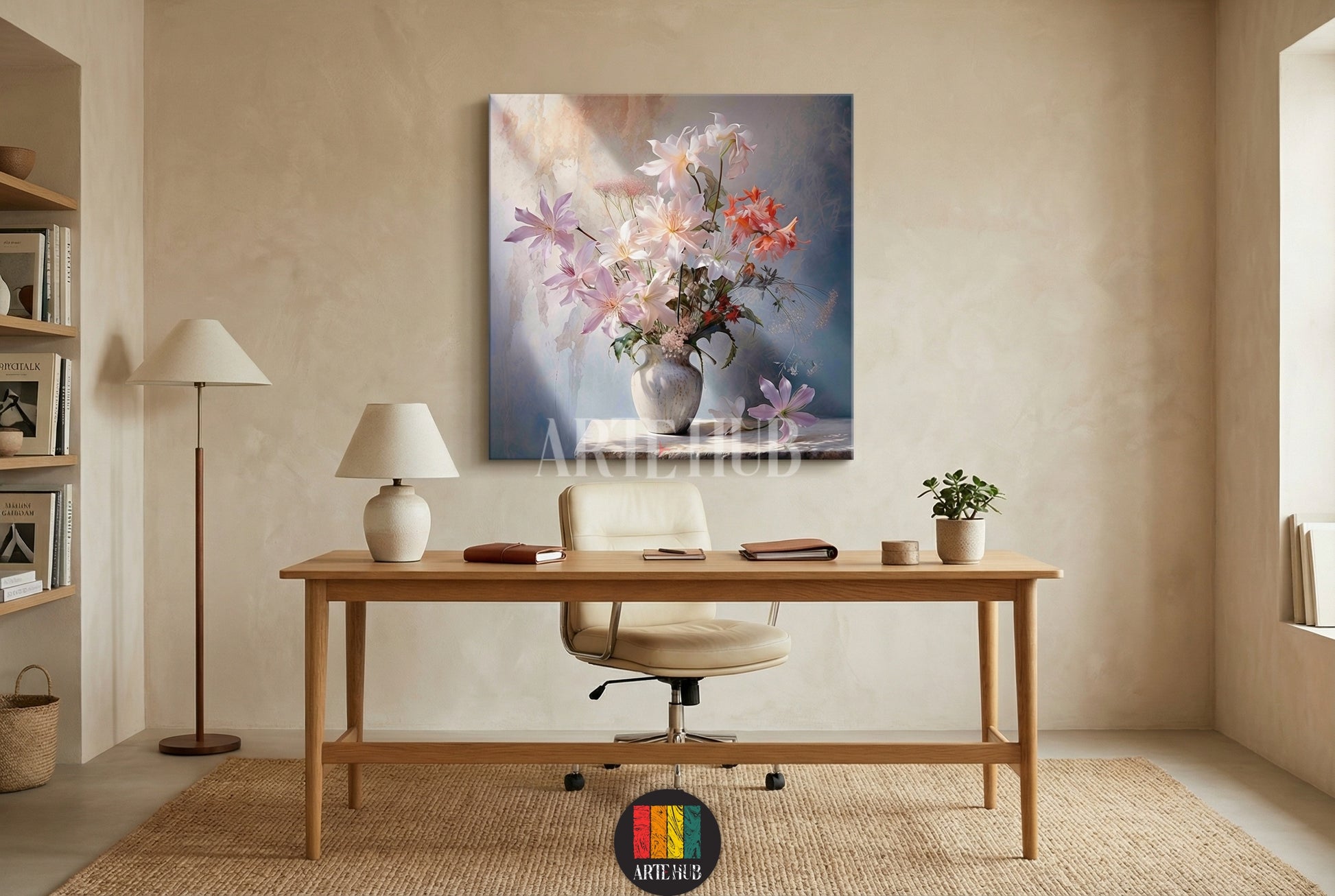 A premium square canvas wall art featuring a delicate floral bouquet in a vase with soft pastel colors, styled in a minimalist modern office in Egypt.