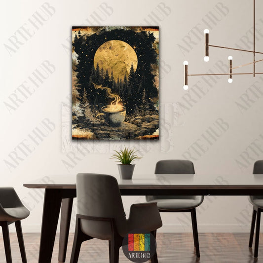 Mystical forest landscape canvas wall art featuring a golden moon and steaming coffee cup for luxury home decor in Egypt.