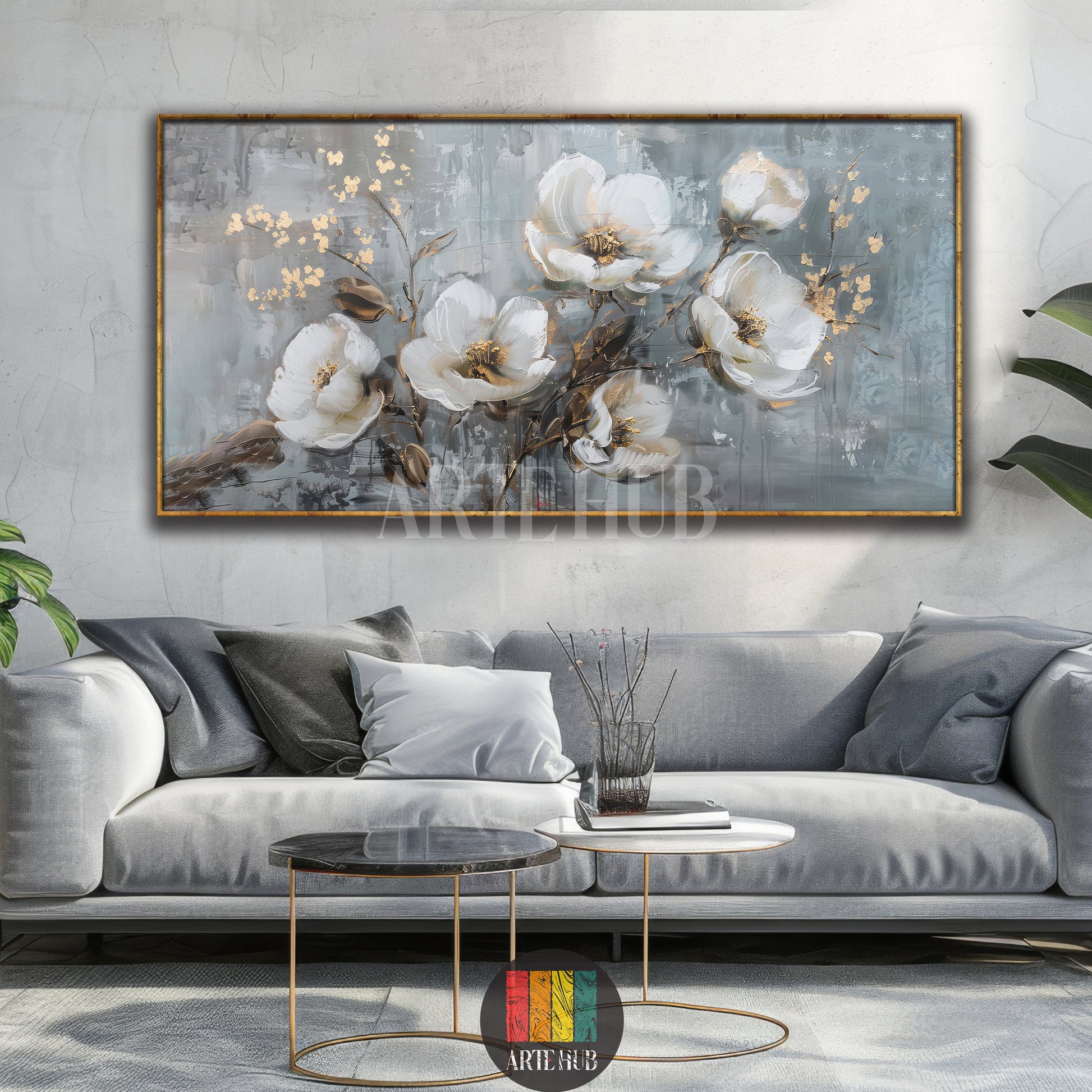 Elegant canvas wall art with white floral blooms and gold leaf accents on a grey textured background, perfect for modern luxury home decor in Egypt.