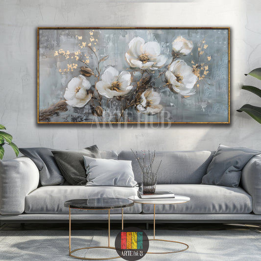 Elegant canvas wall art with white floral blooms and gold leaf accents on a grey textured background, perfect for modern luxury home decor in Egypt.