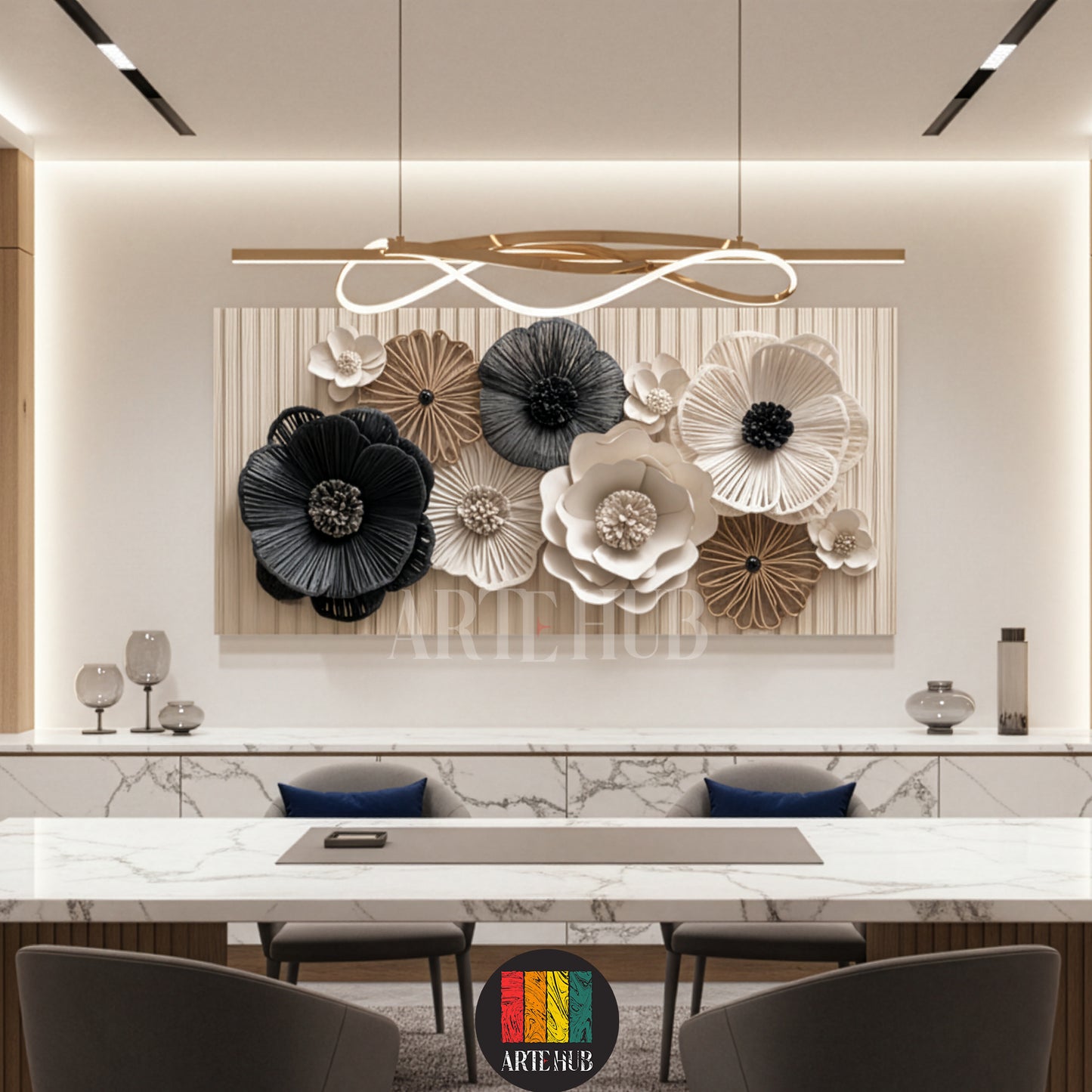 Luxury 3D textured floral canvas wall art with monochrome paper-style flowers for modern home decor in Egypt.