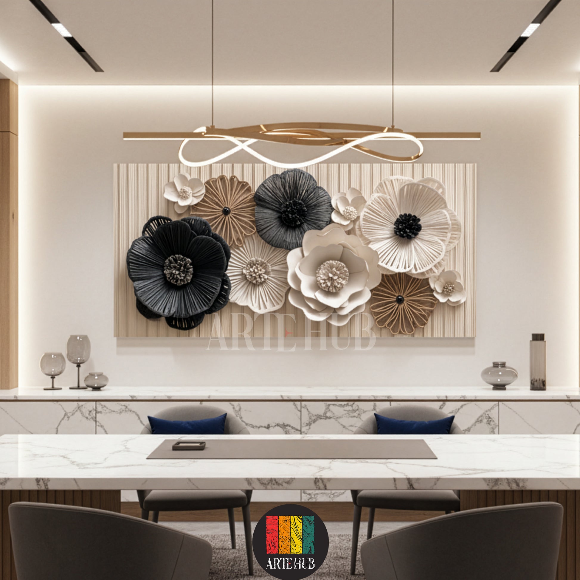 Luxury 3D textured floral canvas wall art with monochrome paper-style flowers for modern home decor in Egypt.