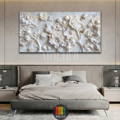 A luxurious 3D-effect white floral design on a marble background canvas wall art piece, displayed in a modern bedroom interior in Egypt.